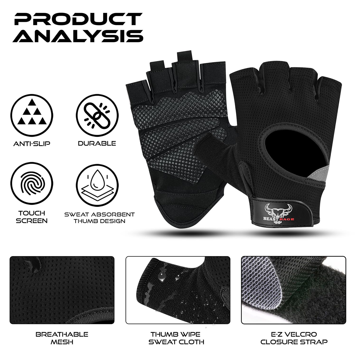 BEAST RAGE Workout Gloves for Men and Women, Fingerless Weight Lifting Gloves with Palm Protection