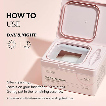 VT COSMETICS CICA Collagen Daily Mask 30 Sheets, 300Da Low Molecular Collagen for Skin Elasticity, Hydrating & Firming, Pink Collagen Essence, Korean Face Mask