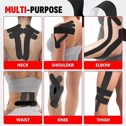 60PCS Precut Kinesiology Tape Strips, 2 inch x 10 inch Athletic Tape, Kinetic Tape, Elastic Muscle Tape, Sports Tape, Knee Tape for Exercise and Daily Use - Black