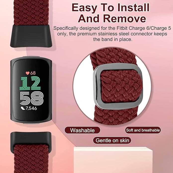 Braided Band Compatible with Fitbit Charge 6/Fitbit Charge 5, Soft Nylon Solo Loop Adjustable Replacement Wristband for Women Men