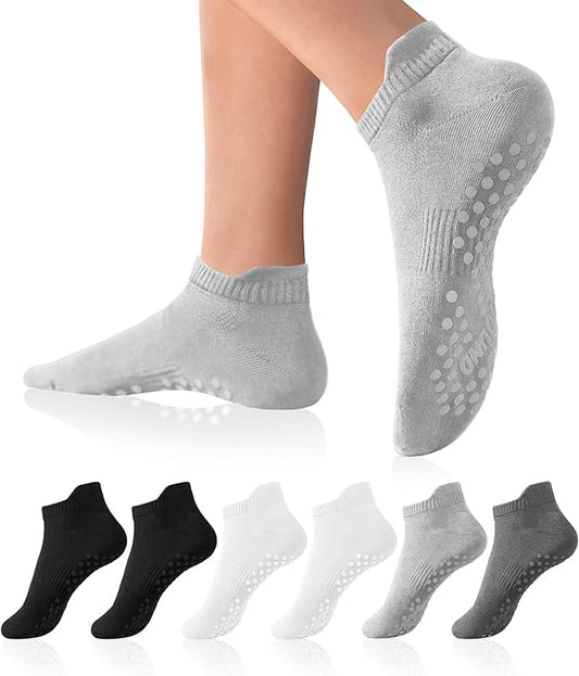 DIBAOLONG Pilates Socks with Grips for Women Yoga Socks Non Slip Barre Hospital Socks 6-Pairs Grippy Ankle Socks