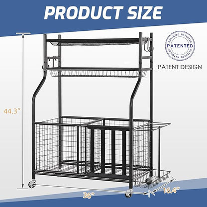 PLKOW Sports Equipment Organizer - Garage Storage Rack with Basket and Hooks, Ball Storage, Toy and Gear Organizer, Black
