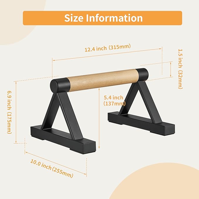 1 Pair Wooden Parallettes Push Up Bars for Men, Strength Training Pushup Stands Handles for Home Calisthenics, Fitness, Floor Workouts Solid Wood with White Metal Bracket - Support 500 lbs