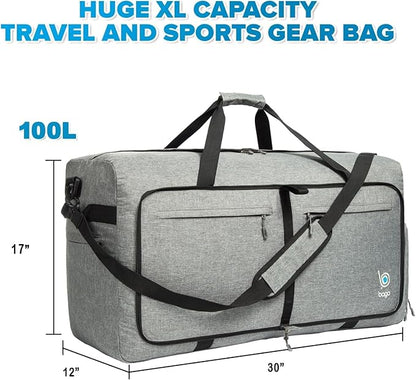 Bago Large Foldable Duffel Bags for Traveling Women & Men - 100L Packable Duffle Bag for Travel with Shoe Compartment - Water Repellant, Heavy Duty, Lightweight Folding & Collapsible (SnowGray)