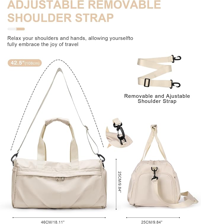 Gym Bag for Women Men, Sport Duffel Bag with Toiletry Bag & Shoe Compartment,Waterproof Travel Weekender Overnight Carry on Bag for Yoga with Trolley Sleeve, Beige Set