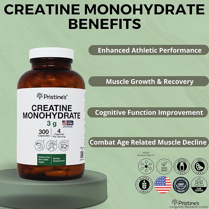PRISTINE'S Creatine Monohydrate Capsules for Women & Men - NSF Certified 75 Day Supply 3G Muscle Growth Support Supplement - Cognitive & Athletic Performance Support - Enhanced Recovery
