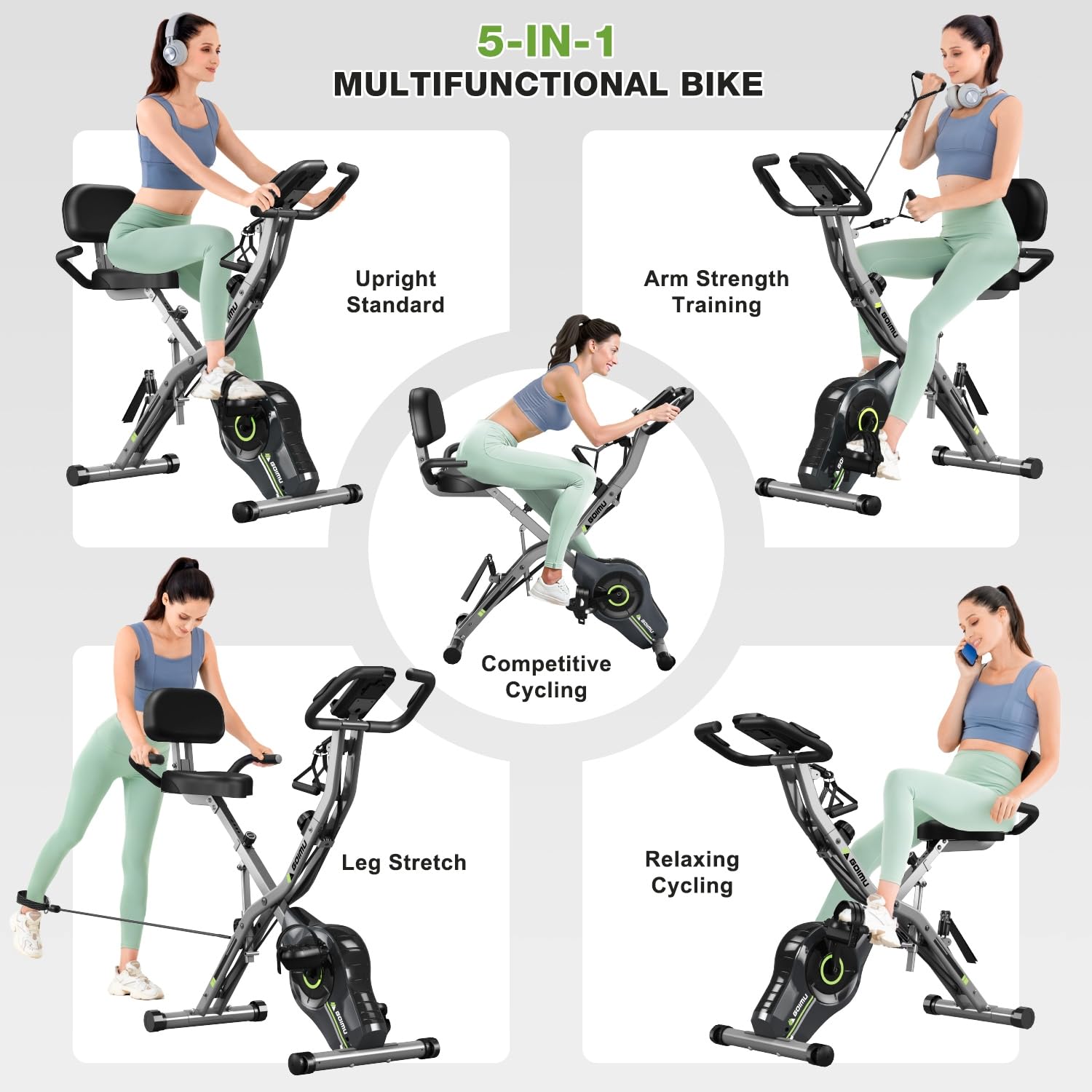 Goimu Exercise Bike, 5 in 1 Foldable Stationary Bike for Seniors, 16-Level Adjustable Magnetic