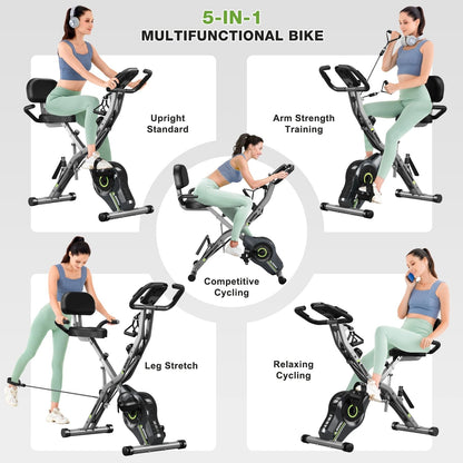 Goimu Exercise Bike, 5 in 1 Foldable Stationary Bike for Seniors, 16-Level Adjustable Magnetic