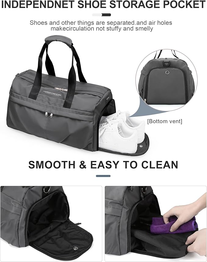 Gym Bag for Women Men with Shoe Compartment, Sport Duffel Bag, Waterproof Travel Weekender Overnight Carry on Bag for Yoga with Trolley Sleeve, Grey
