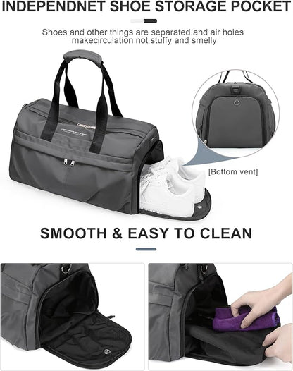 Gym Bag for Women Men with Shoe Compartment, Sport Duffel Bag, Waterproof Travel Weekender Overnight Carry on Bag for Yoga with Trolley Sleeve, Grey