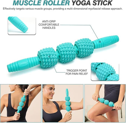 5 in 1 Foam Roller Set - Trigger Point Foam Back Roller, Muscle Roller Stick, Massage Ball, Stretching Band for Deep Muscle Massage Pilates Yoga,Fitness Exercise for Whole Body Release