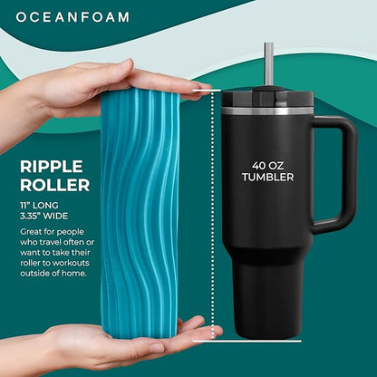 Oceanfoam Ripple Travel Foam Roller (11" x 3.35") Firm Mini Foam Roller for Physical Therapy, Deep Tissue Massage, Back Pain, High Density, Ergonomic Wave Textured, Yoga, Pilate, Exercise (Miami Blue)