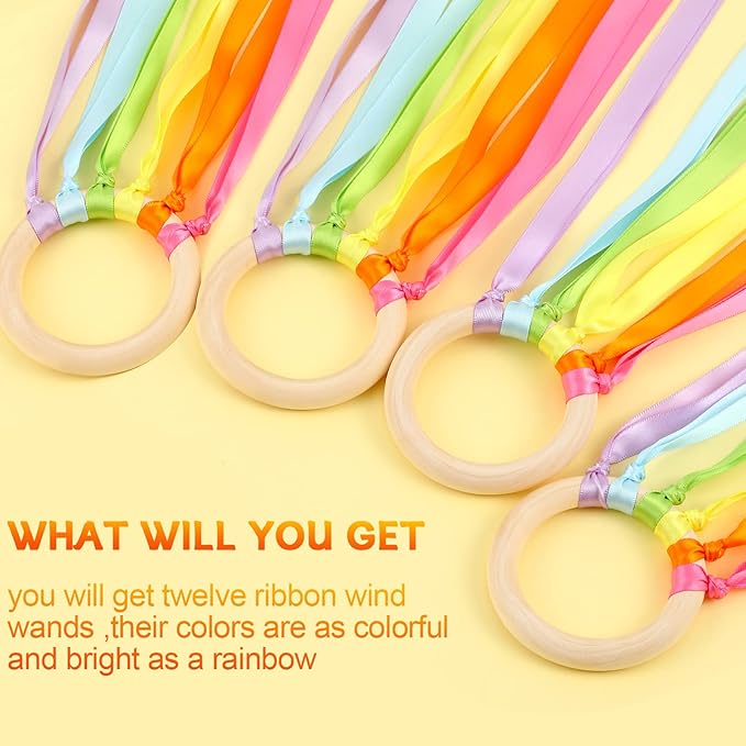 12 Pcs Rainbow Ribbon Wooden Waldorf Toys Creative Waldorf Hand Kite Set Streamers with Wood Ring Sensory Learning Educational Toy for Playroom Dancing Birthday (Fresh Color)