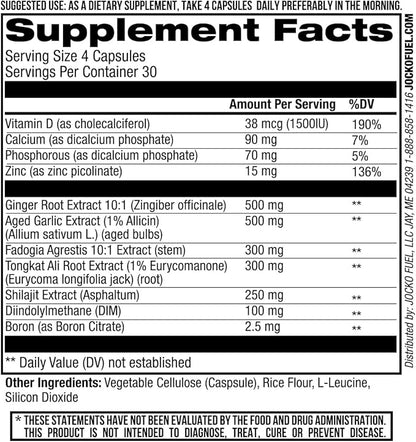 Jocko Fuel Test Booster for Men - Natural Endurance, Stamina, & Strength Booster - Muscle Builder for Men & Nitric Oxide Support with Ginger Root, Shilajit, & Tongkat Ali, 120ct (30 Servings)