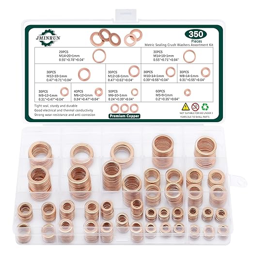 350 PCS, Premium Copper Metric Sealing Crush Washers Assortment Kit, Enhanced Flat Ring Oil Drain Plug Crush Washer Gasket Seal Set, Banjo Bolt Washers for Automotive, Motorcycles （10 Size）