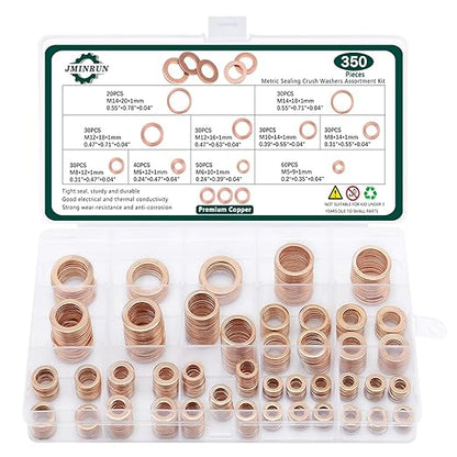 350 PCS, Premium Copper Metric Sealing Crush Washers Assortment Kit, Enhanced Flat Ring Oil Drain Plug Crush Washer Gasket Seal Set, Banjo Bolt Washers for Automotive, Motorcycles （10 Size）