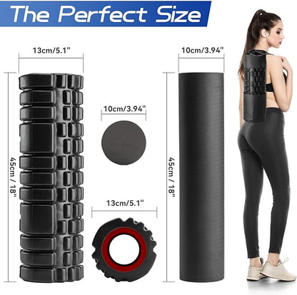 Foam Roller High Density Foam Roller Set for Deep Tissue Muscle Massage, 18" Trigger Point Fitness Exercise Massage Roller, Self-Myofascial Release for Whole Body (Black-18(2 in 1))