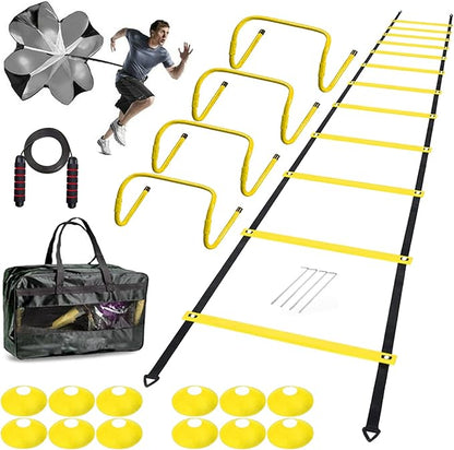 Agility Ladder Speed Agility Training Equipment,1 Agility Ladder 20ft,4 Hurdles,Training Soccer Cones,Jump Rope,Running Parachute, Agility Training Equipment for Kids Youth Adul