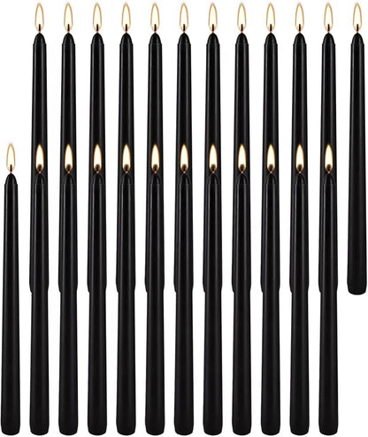24 Pack Black Taper Candles, 7-8 Hours Burn Time, Unscented, Smokeless and Dripless, 0.75 x 10 Inch Dinner Candle Set for Halloween, Household, Wedding, Party and Home Décor Candlesticks