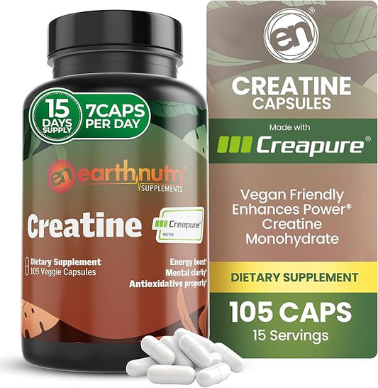EarthNutri Creatine Monohydrate Capsules - Micronized for Better Absorption - Supports Muscle Growth, Strength & Recovery - 105 Capsules (5000mg per Serving, 7 Capsules)
