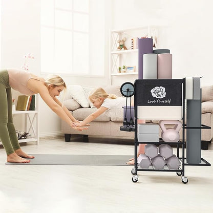Yoga Mat Storage Rack，Home Gym Storage Rack Gym Workout Equipment Storage Organizer Fitness Weight Rack on Wheels for Yoga Mat,Yoga Block,Foam Roller,Resistance Band,Dumbbell,Kettlebell and Other Workout Accessories
