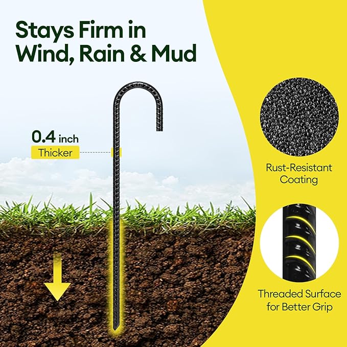 12 Inch Rebar Stakes Heavy Duty 20 Pack, J Hook Ground Stakes, Galvanized Steel Trampoline Stakes, Tent Anchor Kit Anti-Rust, Drip Hose Wind Stakes, Black