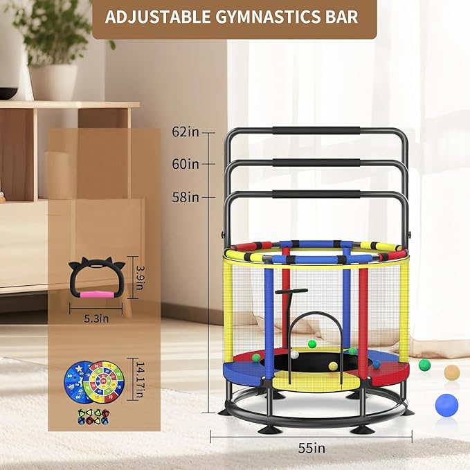 Trampoline for Kids, Full Anti-Rust 440lbs Anti-Rollover Round Bottom Toddler Trampoline, T-handrail Adjustable Baby Toddler Trampolines Dart Board