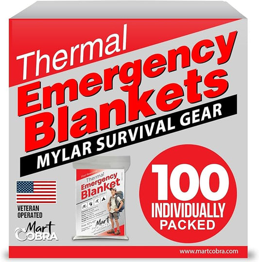 Mart Cobra Emergency Blanket 100-Pack | Reflective Thermal Blanket | Survival Gear | Lightweight