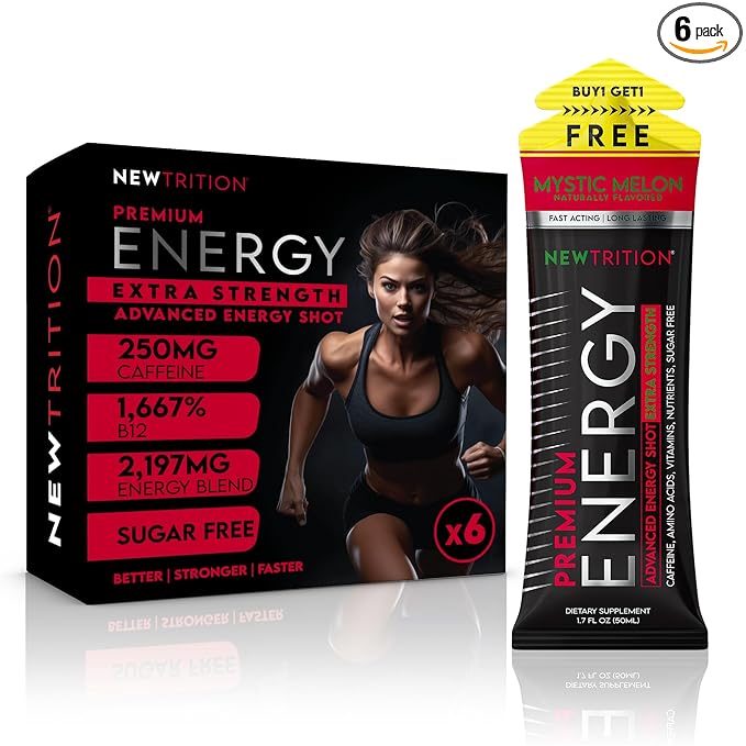 NewTrition® Extra Strength Energy Shots, 250mg Caffeine Energy Shots with Vitamin B & Amino Acids, Sugar-Free Vitamin Energy Shot, 1.7 fl oz (Pack of 6, Mystic Melon)