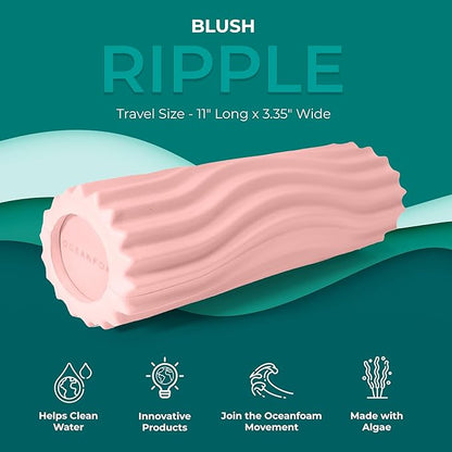 Oceanfoam Ripple Travel Foam Roller (11" x 3.35") Firm Mini Foam Roller for Physical Therapy, Deep Tissue Massage, Back Pain - High Density, Ergonomic Wave Textured - Yoga, Pilates, Exercise (Blush)