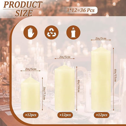 36 Pcs Ivory Pillar Candles Bulk Setï¼? Different Lengths 2 x 3/4/6 Inch (12 Each)，Hurricane Candles，Dripless Unscented Smokeless，Gives You a Better Atmosphere When Organizing an Event Party.