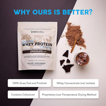 Paleovalley 100% Grassfed Whey Protein Powder with Colostrum, 13g Protein, Chocolate, Muscle Building, Immune Support, Gut Health