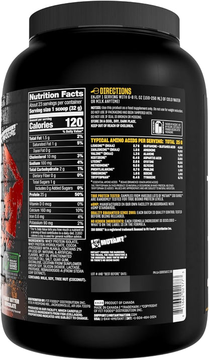 Mutant ISO Surge Whey Protein Isolate Powder Acts Fast to Help Recover, Build Muscle, Bulk and Strength, 1.6 lb (Peanut Butter Chocolate)