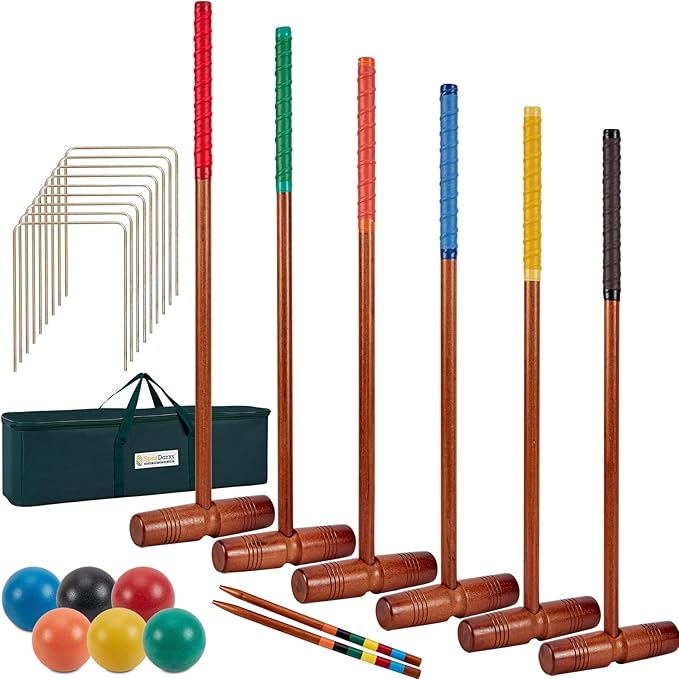 35’’ Deluxe Croquet Set, Six Player Croquette Game with Premium Wooden Mallets, Colored Balls, Wickets, Stakes, Carrying Bag, Outdoor Family Games for Lawn/Backyard/Park