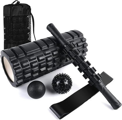 6 in 1 Foam Roller Set Includes Hollow Core Massage Roller, Yoga Stick, Massage Ball, Fitness Stretching Strap, Carrying Bag, Towel, Massage Roller (Black)