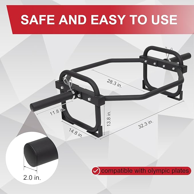 Olympic 2-Inch Hex Weight Lifting Trap Bar for Strength Training, 500-Pound Capacity, Safety Clips, Home Gym for Shoulder Presses, Shrugs, Back Rows