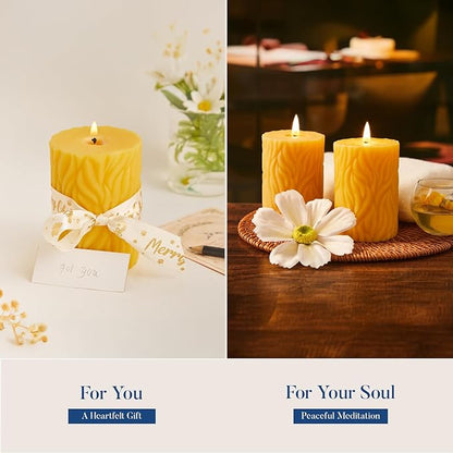 Crenovo Natural Beeswax Pillar Candles 3 Pack, 100% Pure Beeswax Candles Bulk with 180 Hours Burn Time, Organic Bees Wax Candles for Home, Party, Prayer, Non-Toxic Dripless Smokeless 2.8x4 Inch