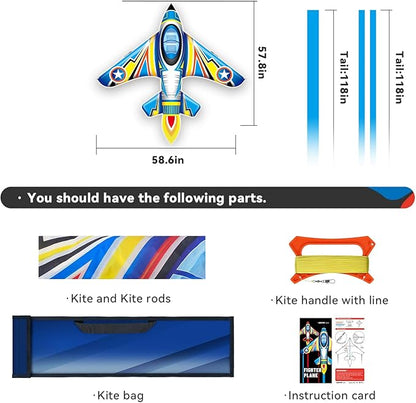 Airplane Kite for Kids and Adults, Easy to Fly with Durable Fiberglass Frame, Outdoor Fun Sports Plane Kite with Handle and Line Good Flying (Fighter Plane-Blue)