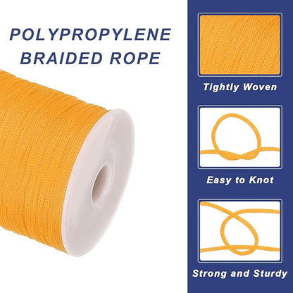 MECCANIXITY 1/16 Inch Polypropylene Rope Braided Ropes, 328ft Nylon Rope Hollow Utility Cord for Clothesline, Camping, Hiking, Outdoor, Dark Yellow