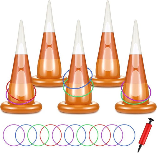 16 Pcs Halloween Inflatable Ring Toss Games Kit Candy Corn Ring Toss Game with Air Pump for Halloween Party Supplies Decor Indoor Outdoor Garden School