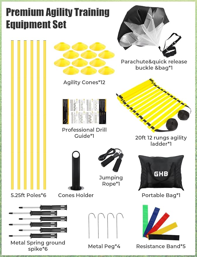 GHB Soccer Agility Training Equipment, 6 Agility Poles, 20ft Speed Ladder, 12 Disc Cones, Resistance Parachute, Jump Rope, 5 Resistance Bands, Soccer Training Poles for Speed Agility Training