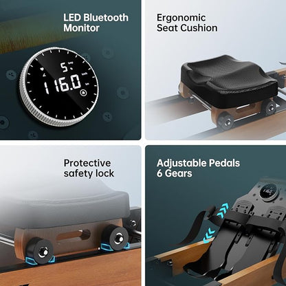 PASYOU Water Rowing Machines for Home Oak Wood Foldable Rower Machine 350LB Weight Capacity, 6 Levels Adjustable Row Machines with Monitor & Device Holder & 14L Tank, Bluetooth with Kinomap APP