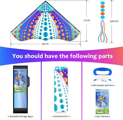 HONBO Large Delta Kite for Kids & Adults,Extremely Easy to Fly Kite for Beach Trip,String Line Included,with Colorful Tail,Perfect for Beginners