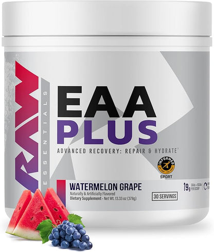RAW EAA Plus, Amino Acids Powder, Watermelon Grape (30 Servings) - Pre Workout Amino Energy Powder for Advanced Endurance, Recovery & Lean Muscle Growth - BCAA Amino Acids Supplement for Men & Women