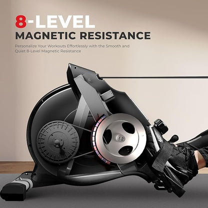 Sunny Health & Fitness Flip & Foldable Rowing Machine for Home w/Extended Slide Rail, Full-Body Workout, Low-Impact, Optional Extra Long Rail, Quiet Rail Cover, Water Motion and Free SunnyFit App