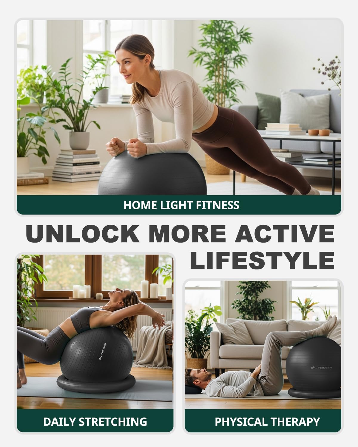 Trideer Yoga Ball Chair with Base for Office Desk, Exercise & Stability Ball Seat, Pilates Ball for