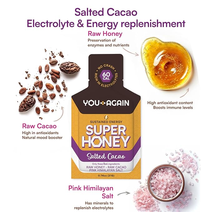 You Again Super Honey Clean Energy Gel, Himalayan Salted Cacao | Electrolyte Replenishment Running Fuel | Endurance Workouts & Cycling Gel | Paleo & Carnivore Snack | Gluten-Free | USA Made | 8-Pack
