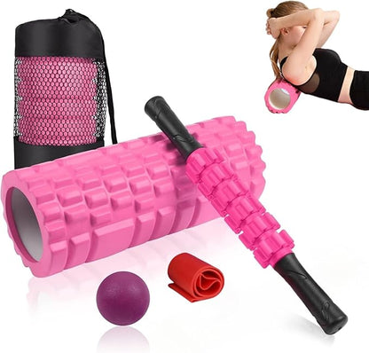 5 in 1 Foam Roller Set Includes Hollow Core Massage Roller, Yoga Stick, Massage Ball, Fitness Stretching Strap, Carrying Bag, Towel, Massage Roller (Pink)
