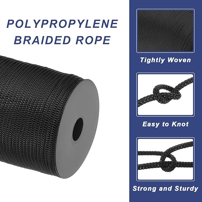 MECCANIXITY 5/32 Inch Polypropylene Rope Braided Ropes, 328ft Camping Rope Hollow Utility Cord for Clothesline, Hiking, Outdoor, Black