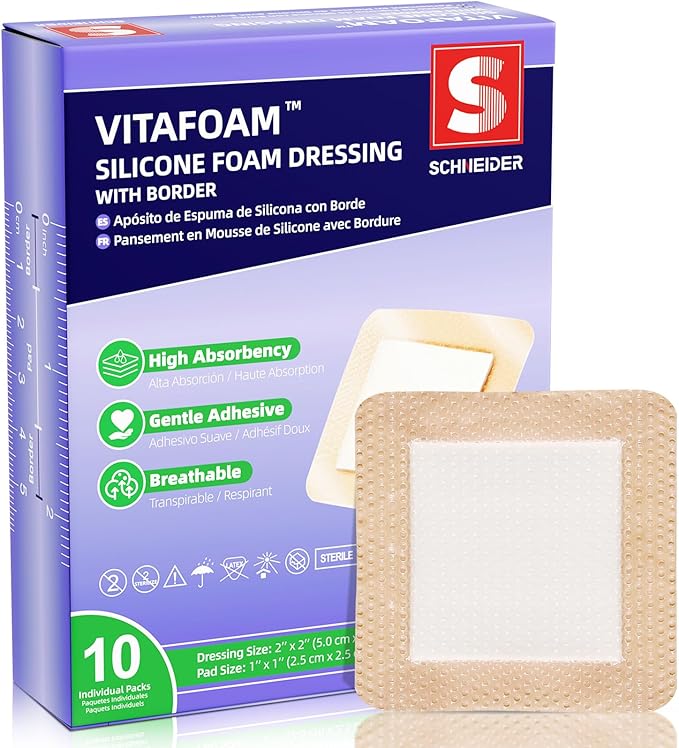 Silicone Foam Dressing 3" x 3" with Border, High Absorbency Wound Bandage, Gentle Adhesion, Soft Breathable Silicone Bandages for Wound Care, Pack of 10
